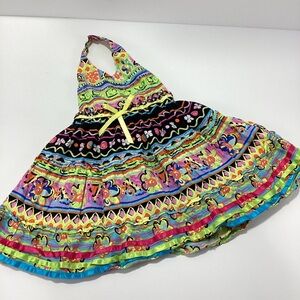 Blueberi Boulevard Brand Colorful Halter Dress Floral Ribbons Kids Dress 4T